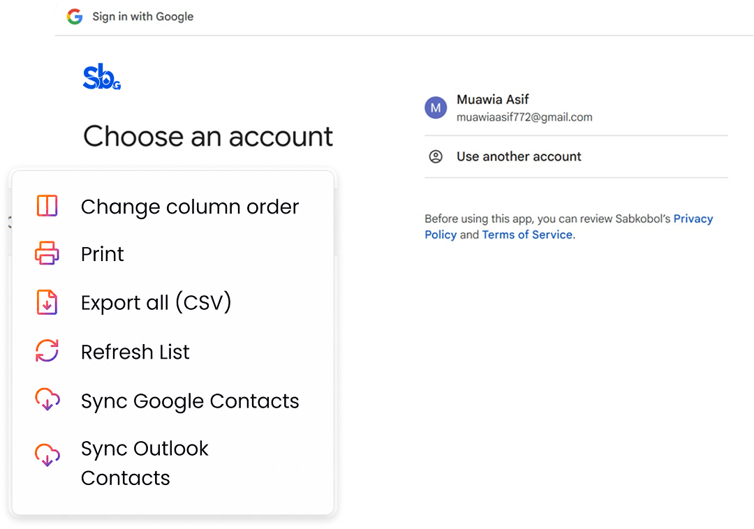 Google account sign-in and sync contacts menu