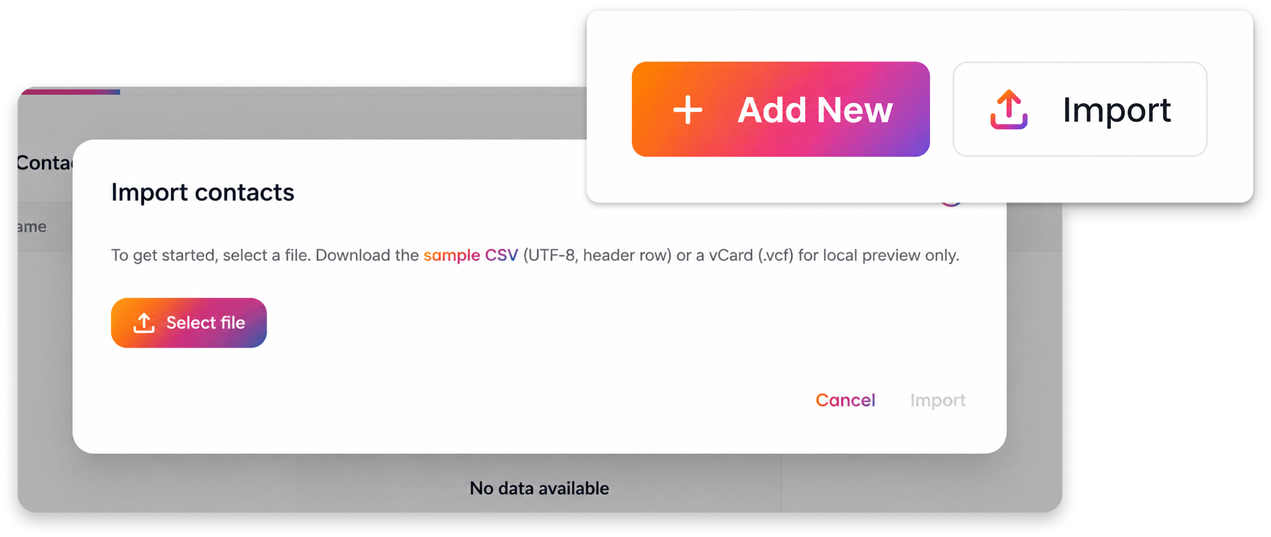 Import contacts dialog with Add New and Import actions